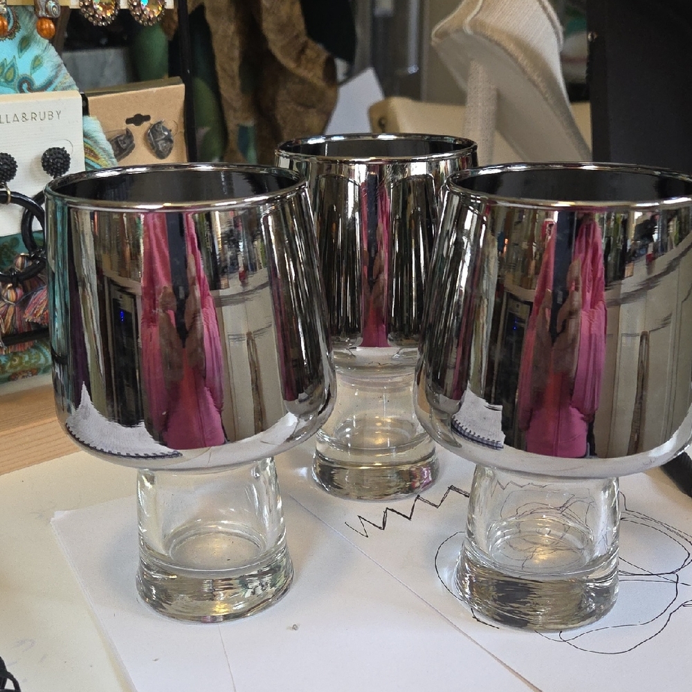 Mid CENTURY MCM Set of 6 Silver Reflective Glasses Drinking Barware MOD